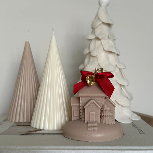 Snowy Christmas House Beige Candle
